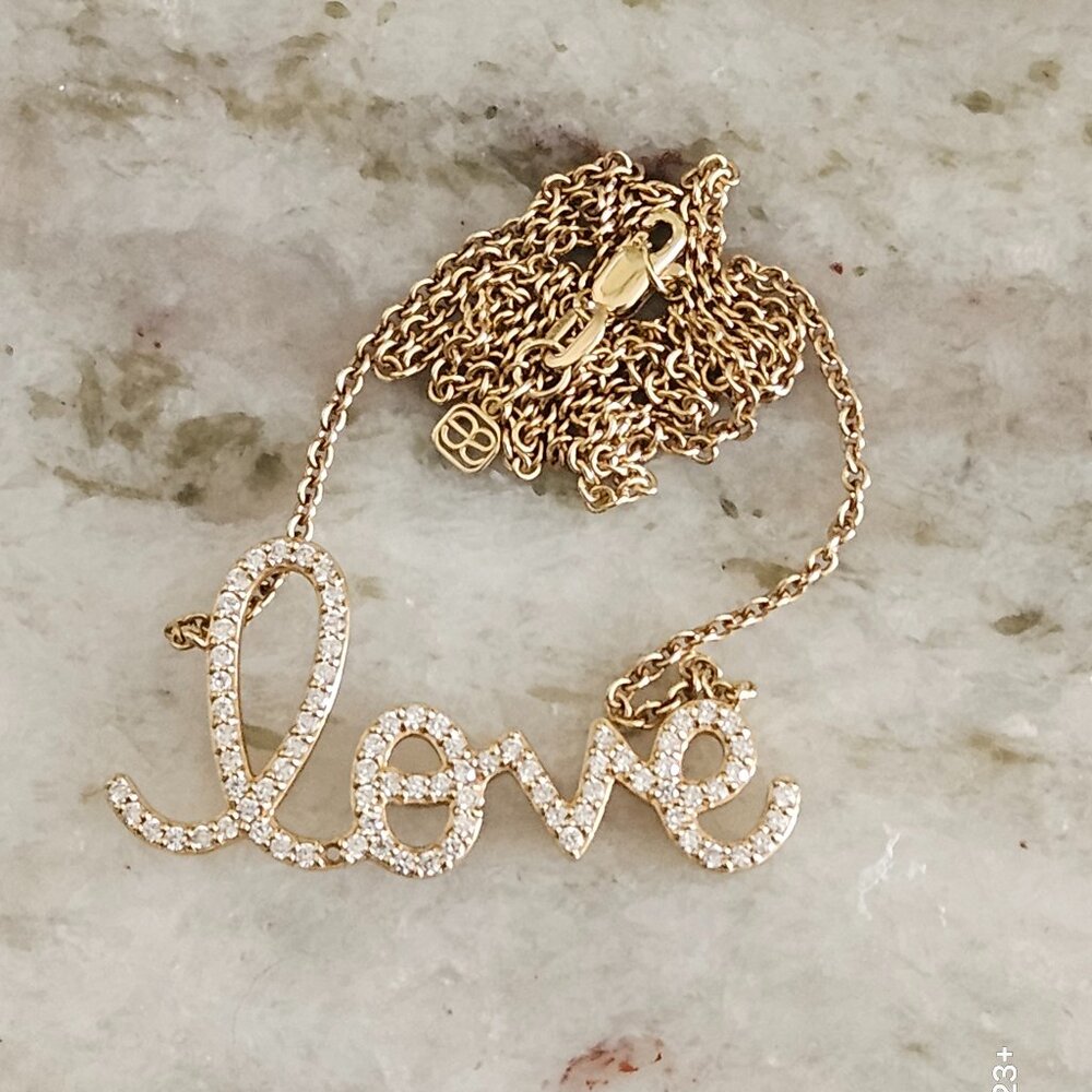 RARE DESIGNER SYDNEY EVAN LOVE PAVE SET DIAMOND 14K YELLOW GOLD PENDANT NECKLACE